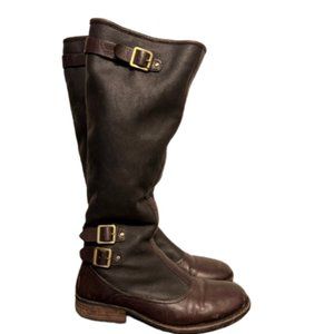 Vince Camuto Leather Black & Brown Shearling Fur Lined Buckle Riding Boots